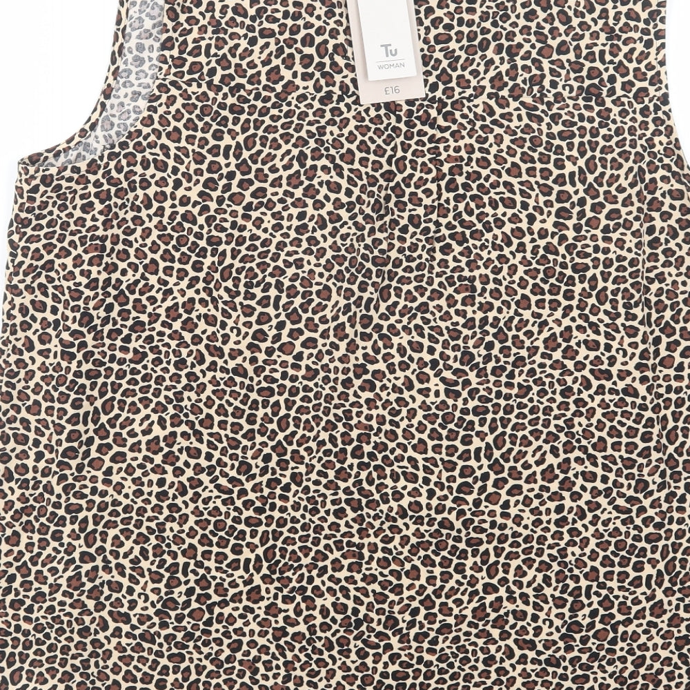 TU Womens Beige Animal Print Viscose Basic Button-Up Size 16 Collared