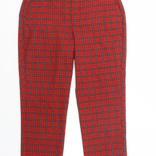 Pull & Bear Womens Red Plaid Polyester Chino Trousers Size 8 L28 in Regular Button