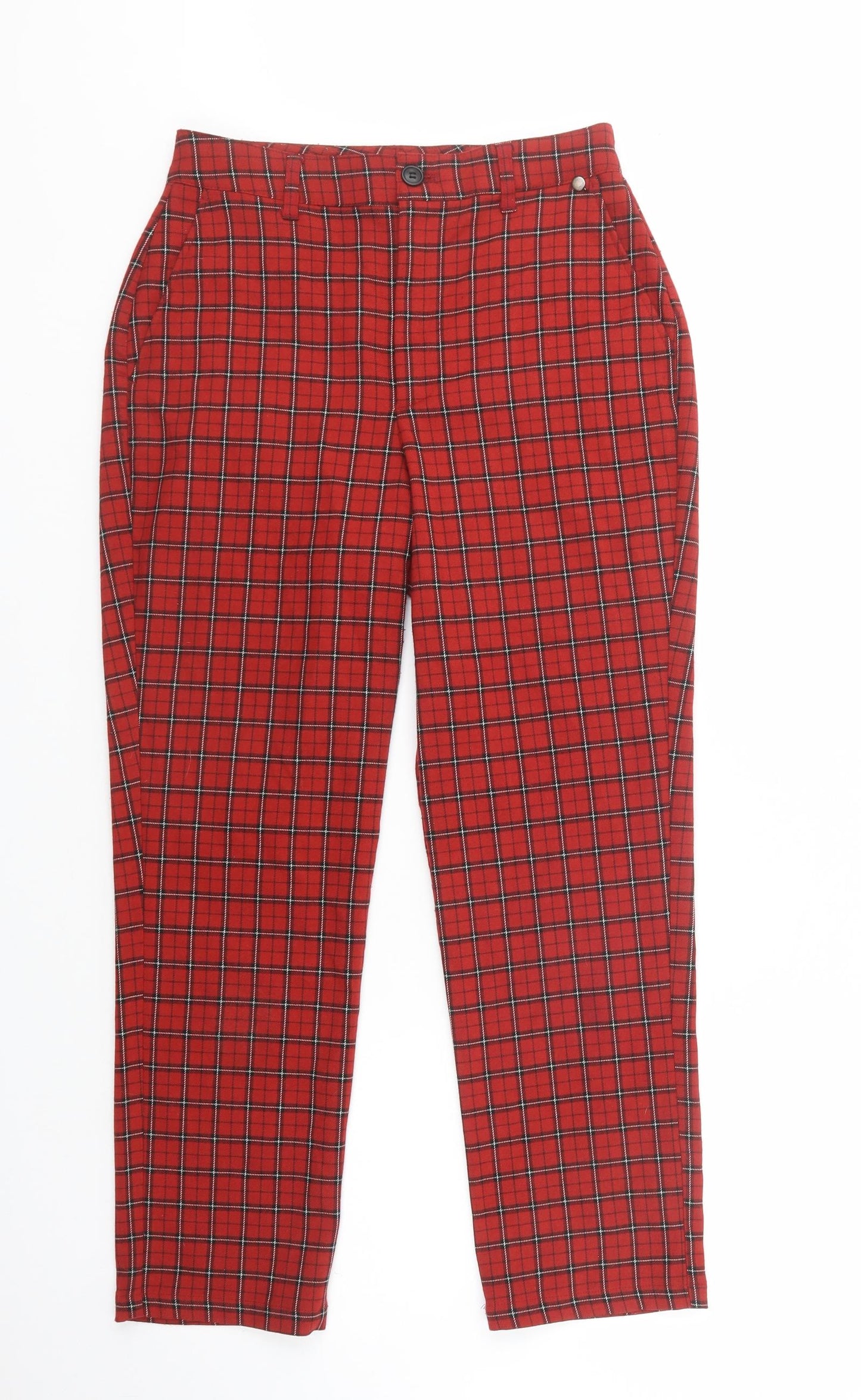 Pull & Bear Womens Red Plaid Polyester Chino Trousers Size 8 L28 in Regular Button