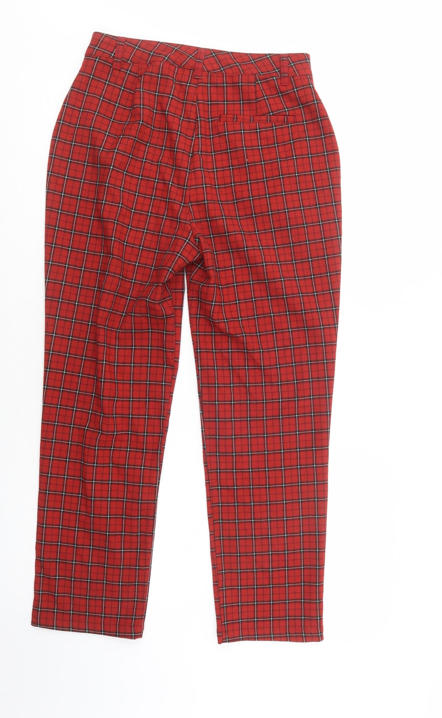 Pull & Bear Womens Red Plaid Polyester Chino Trousers Size 8 L28 in Regular Button