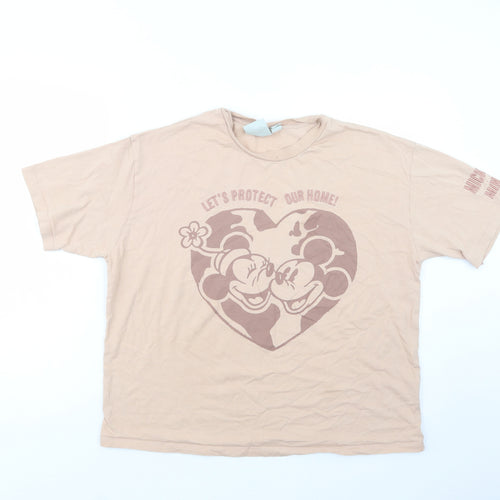 Primark Womens Beige  Cotton Basic T-Shirt Size 12 Crew Neck - Mickey and Minnie Mouse