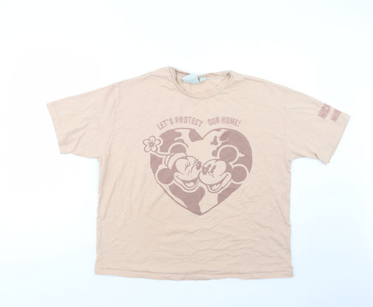 Front view of Primark women’s beige cotton basic t-shirt, size UK 12, crew neck - mickey and minnie mouse