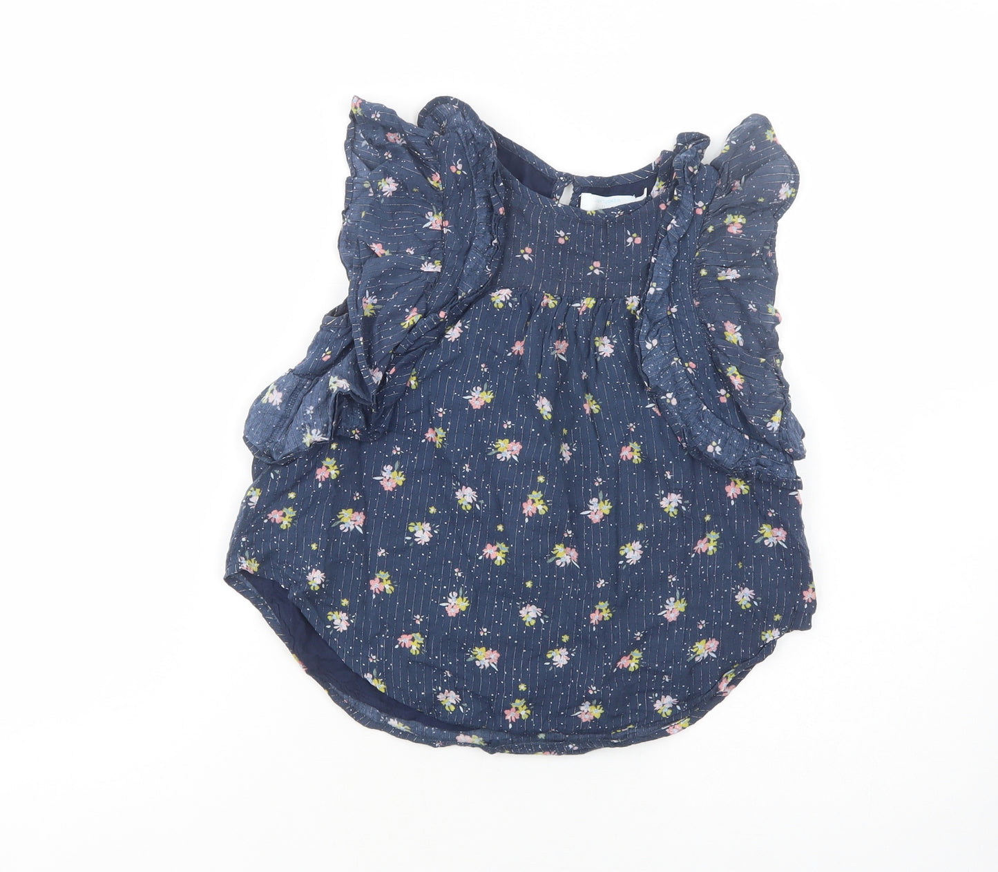 Leigh Tucker Girls Blue Floral Modal Basic Blouse Size 7-8 Years Crew Neck Button
