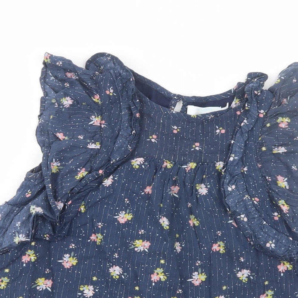 Leigh Tucker Girls Blue Floral Modal Basic Blouse Size 7-8 Years Crew Neck Button
