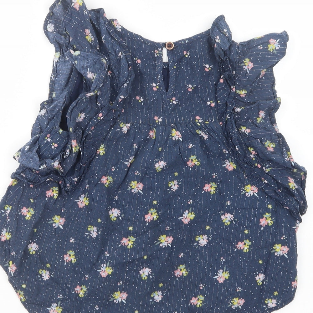 Leigh Tucker Girls Blue Floral Modal Basic Blouse Size 7-8 Years Crew Neck Button