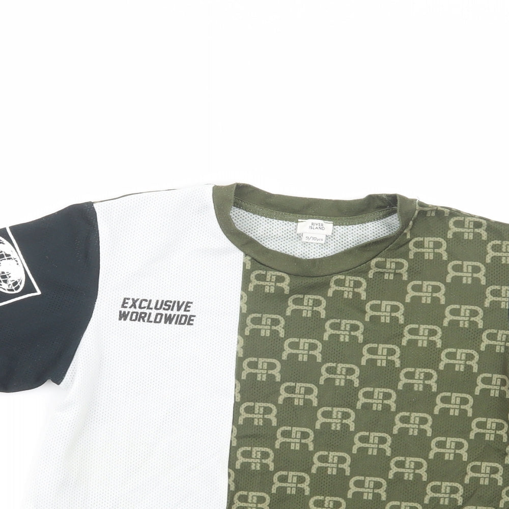 River Island Boys Green Geometric Polyester Pullover T-Shirt Size 9-10 Years Crew Neck Pullover