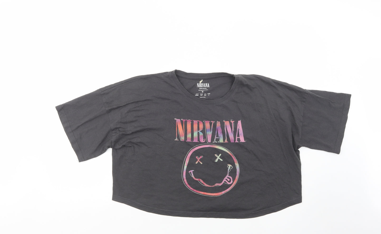Primark Womens Grey  Cotton Cropped T-Shirt Size 12 Crew Neck - Nirvana