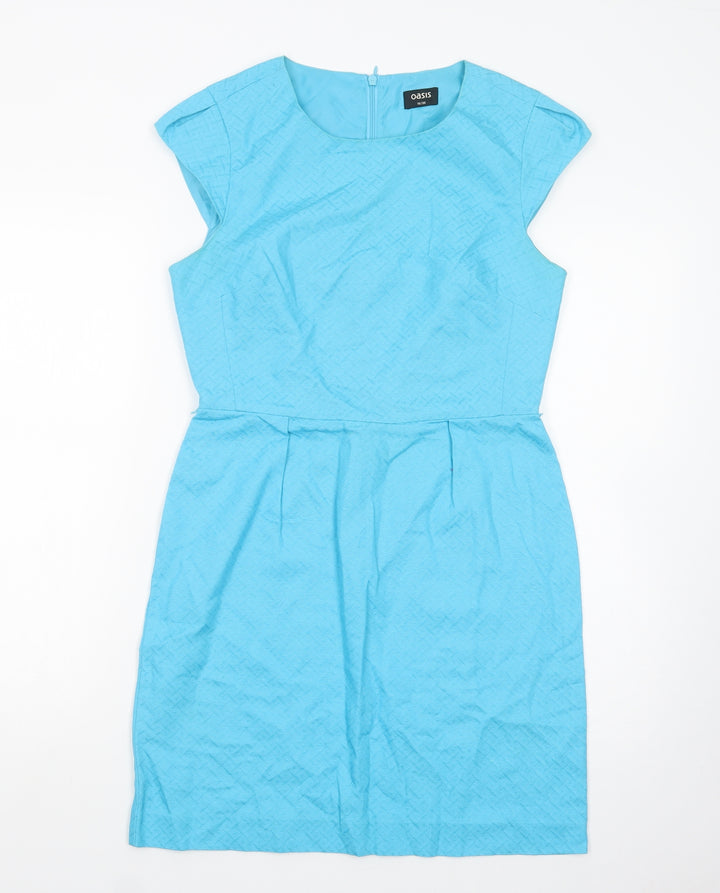 Oasis Womens Blue Cotton Pencil Dress Size 10 Boat Neck Zip