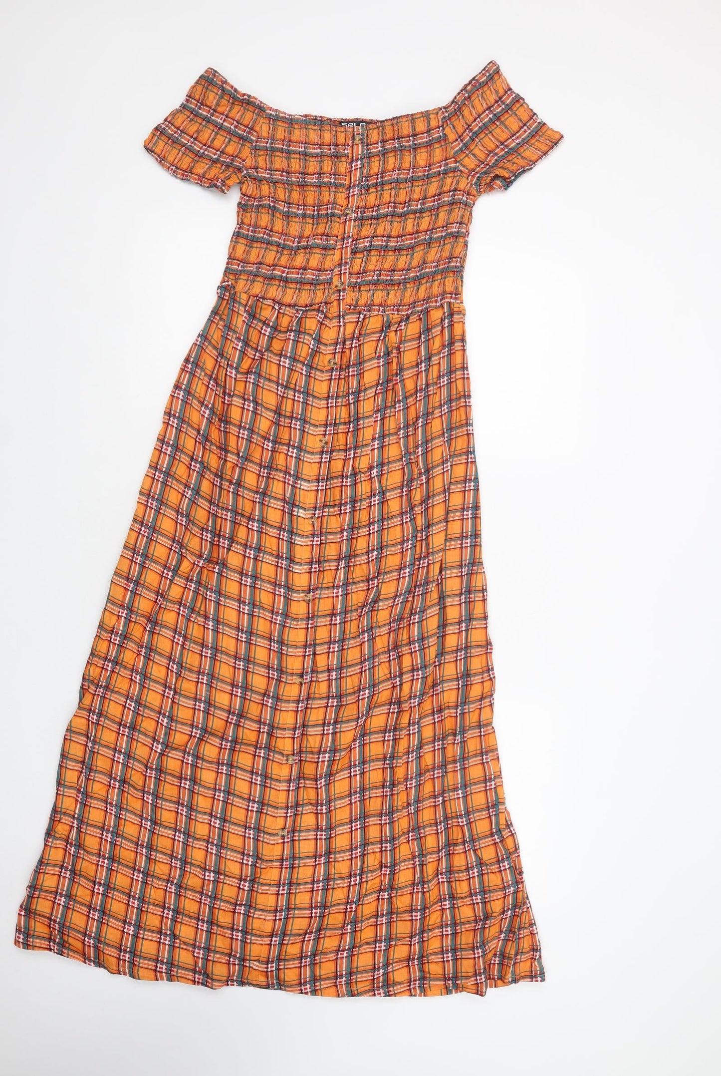 Select Womens Orange Plaid Viscose A-Line  Size 16  Off the Shoulder Pullover