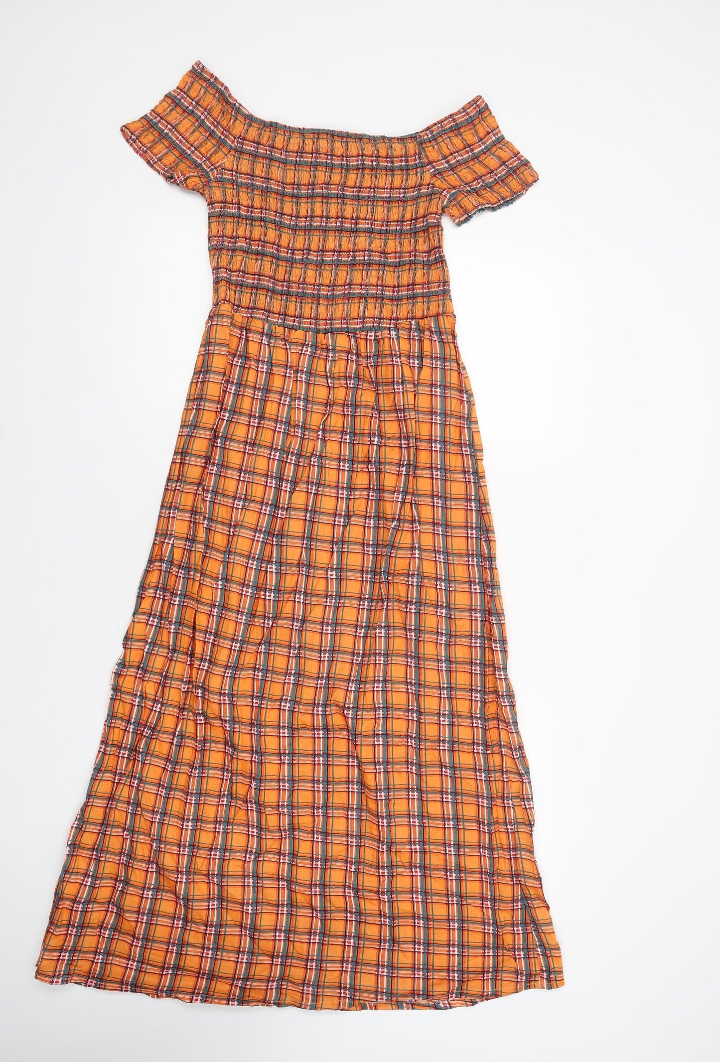 Select Womens Orange Plaid Viscose A-Line  Size 16  Off the Shoulder Pullover