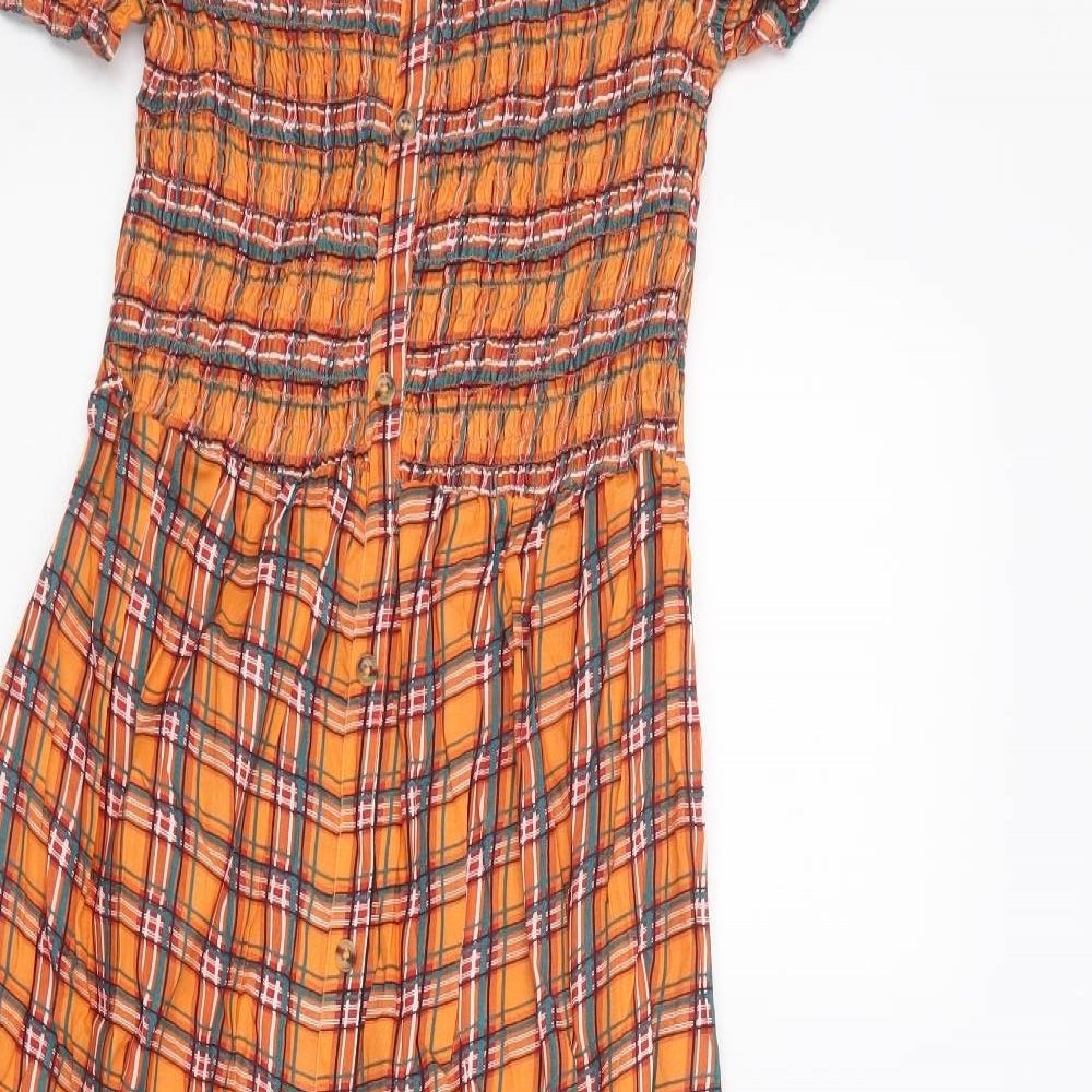 Select Womens Orange Plaid Viscose A-Line  Size 16  Off the Shoulder Pullover