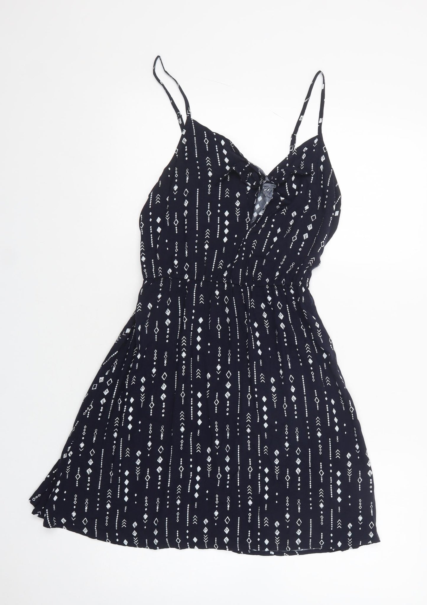 H&M Womens Blue Geometric Viscose Mini  Size 8  V-Neck Tie