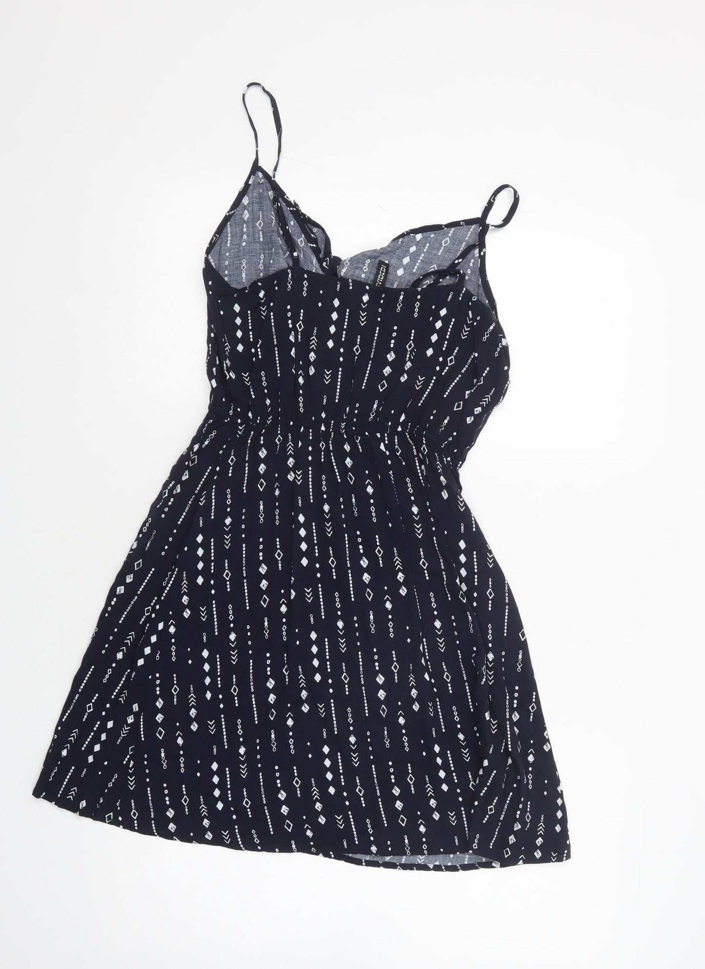 H&M Womens Blue Geometric Viscose Mini  Size 8  V-Neck Tie