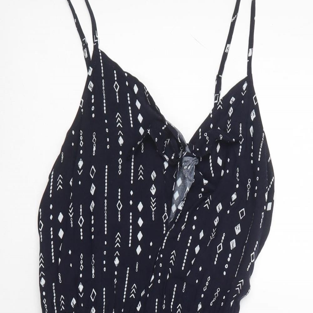 H&M Womens Blue Geometric Viscose Mini  Size 8  V-Neck Tie