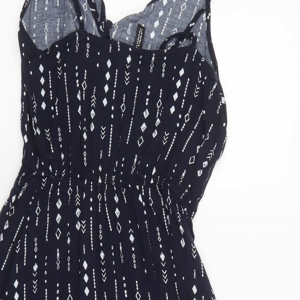 H&M Womens Blue Geometric Viscose Mini  Size 8  V-Neck Tie