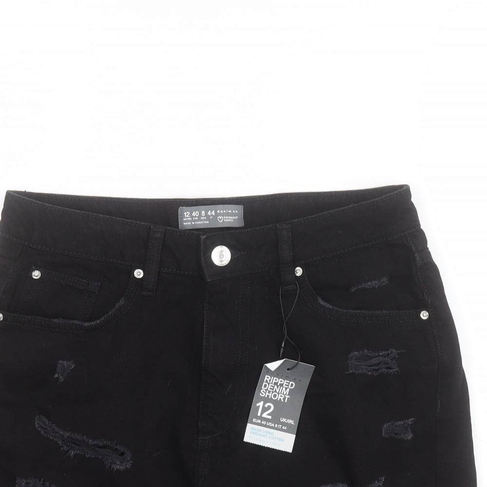 Primark Womens Black  100% Cotton Boyfriend Shorts Size 12 L5 in Regular Zip - Distressed