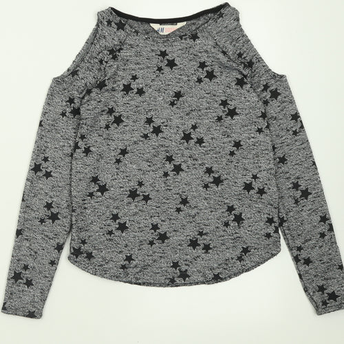 H&M Girls Grey Geometric Polyester Basic Casual Size 9-10 Years Crew Neck Pullover - Star Pattern