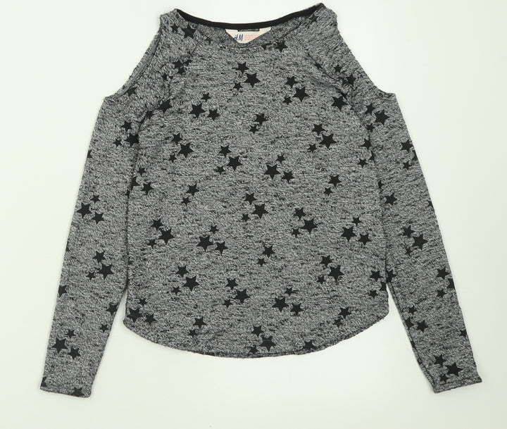 H&M Girls Grey Geometric Polyester Basic Casual Size 9-10 Years Crew Neck Pullover - Star Pattern