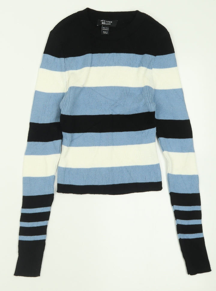 New Look Girls Blue Crew Neck Striped Acrylic Pullover Jumper Size 12-13 Years Pullover