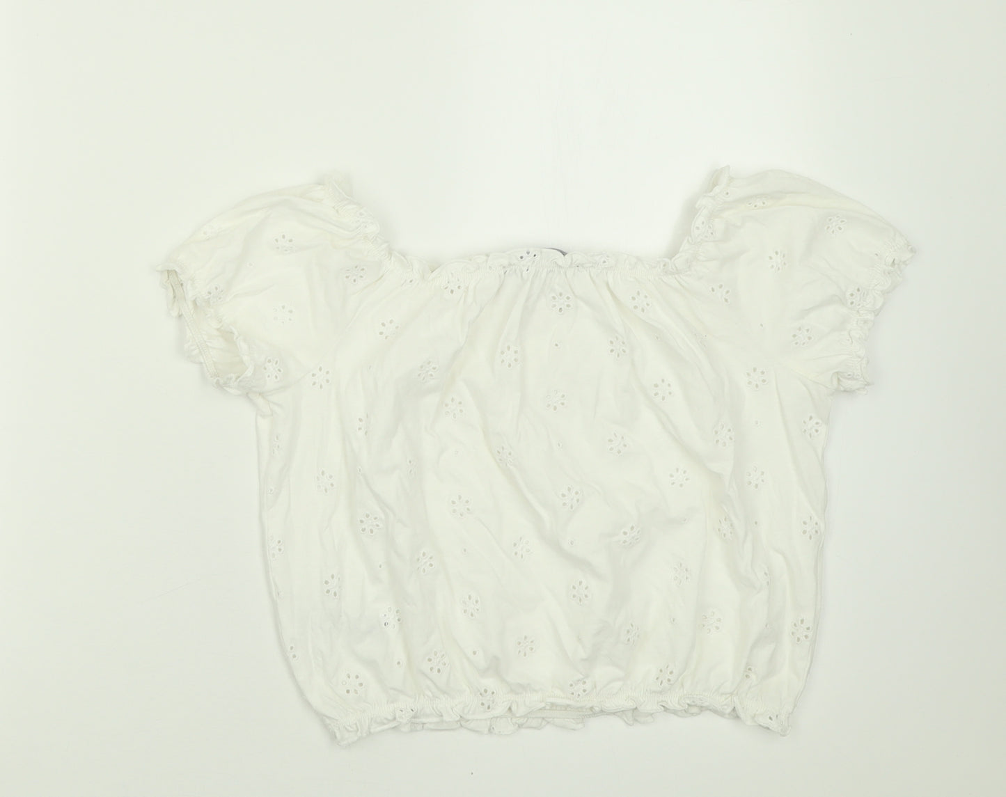 New Look Girls White Floral Cotton Basic T-Shirt Size 14-15 Years Off the Shoulder Pullover