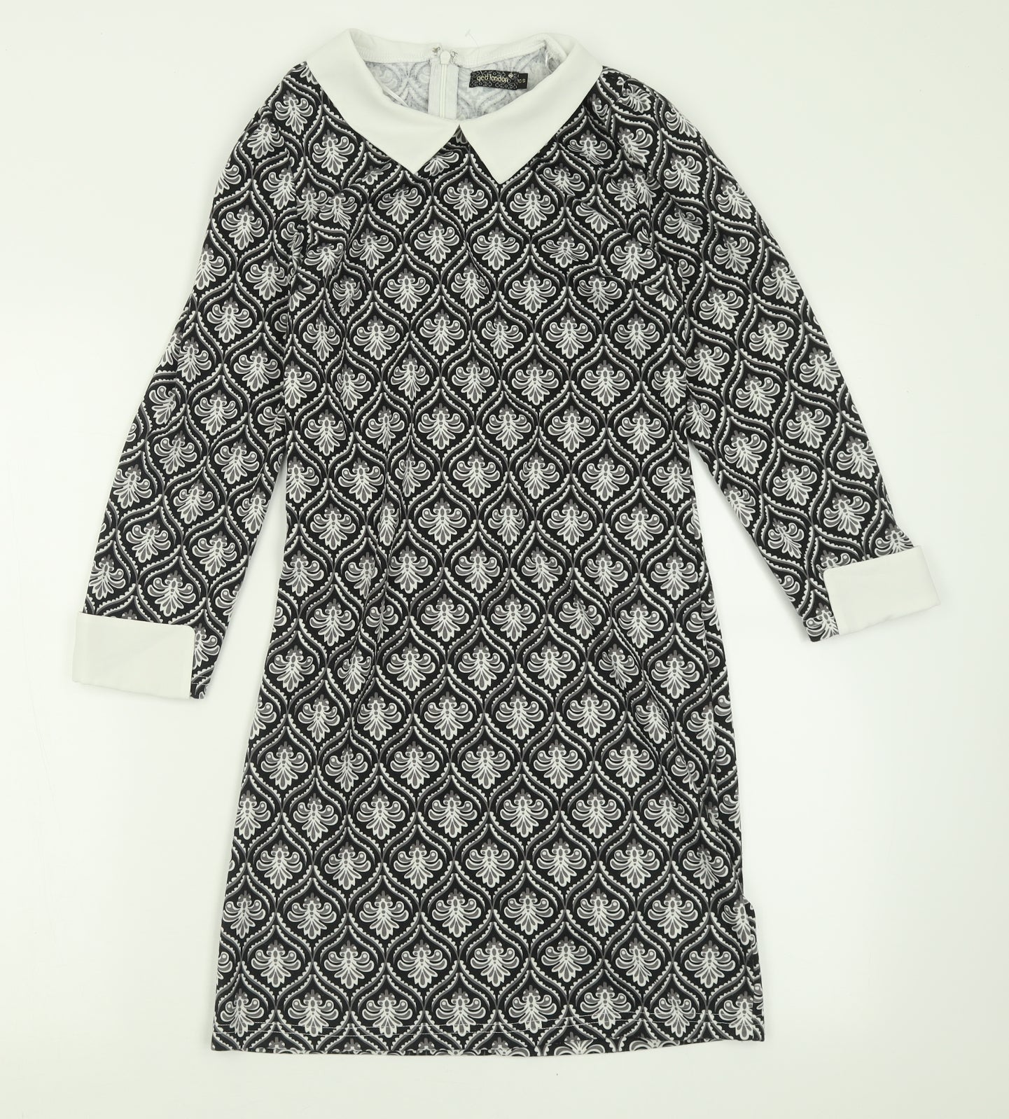QED London Womens Black Geometric Cotton Bodycon  Size 10  Collared Zip