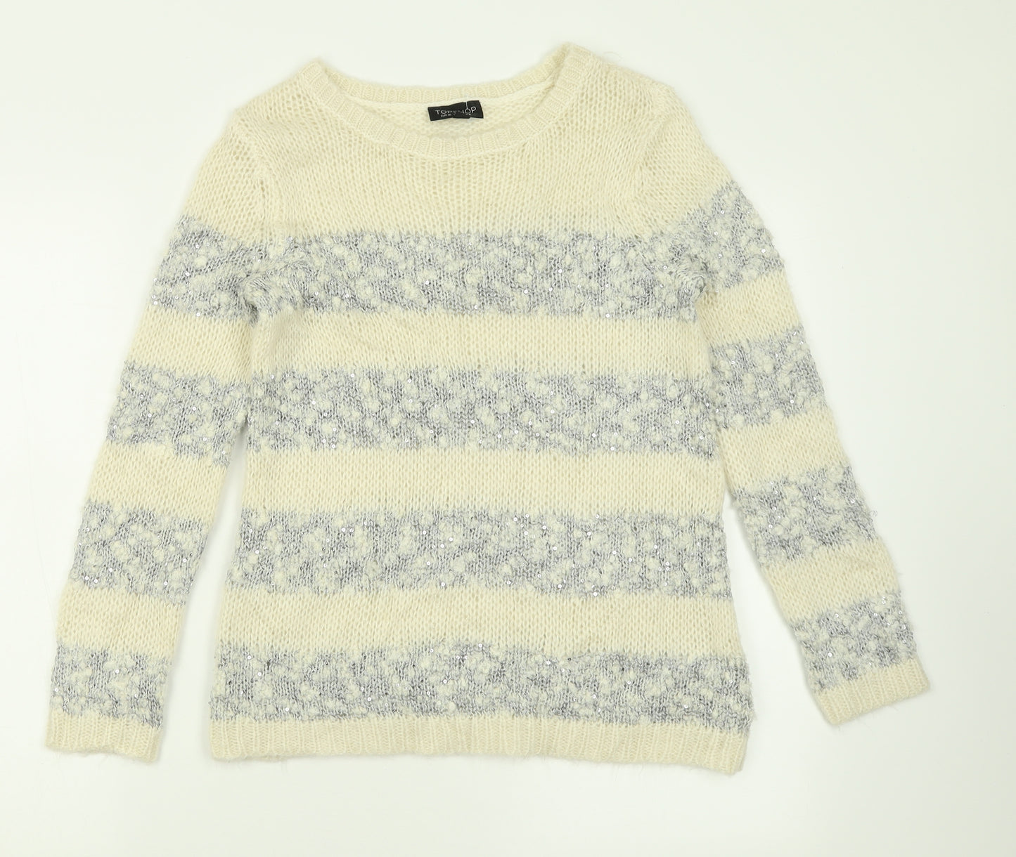 Topshop Womens Ivory Crew Neck Striped Acrylic Pullover Jumper Size 8