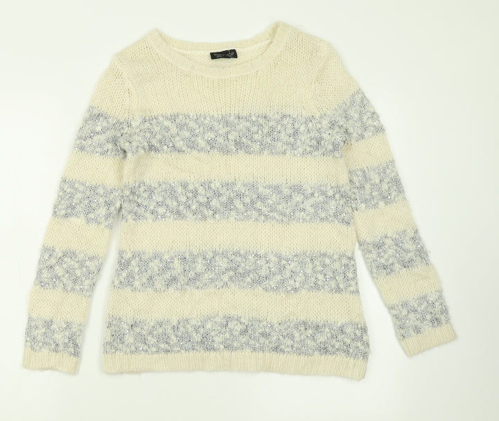 Topshop Womens Ivory Crew Neck Striped Acrylic Pullover Jumper Size 8