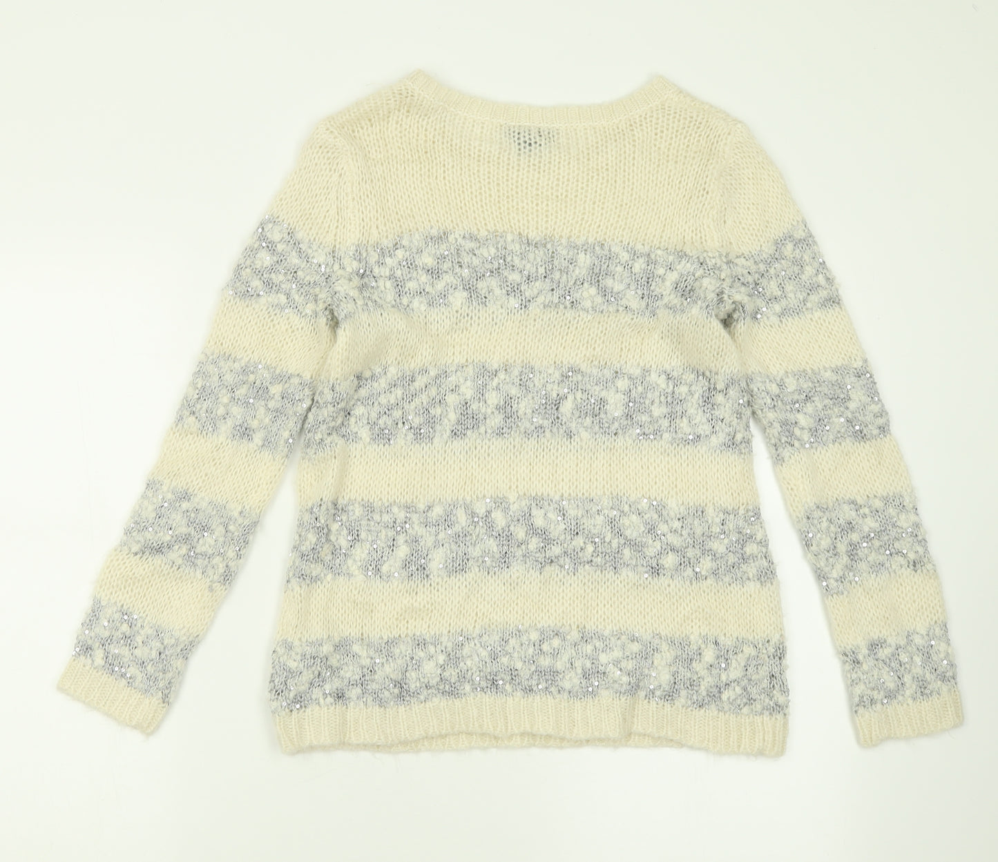 Topshop Womens Ivory Crew Neck Striped Acrylic Pullover Jumper Size 8
