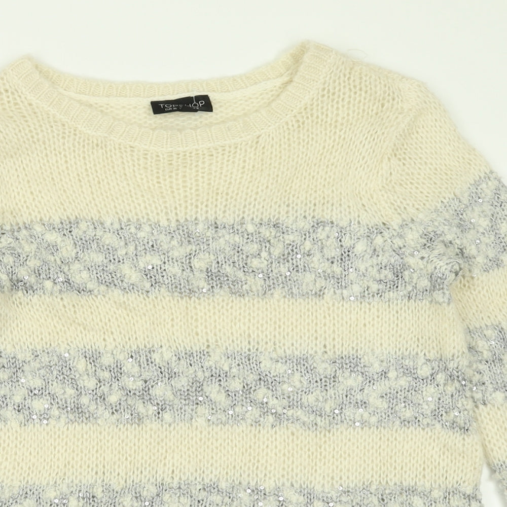 Topshop Womens Ivory Crew Neck Striped Acrylic Pullover Jumper Size 8
