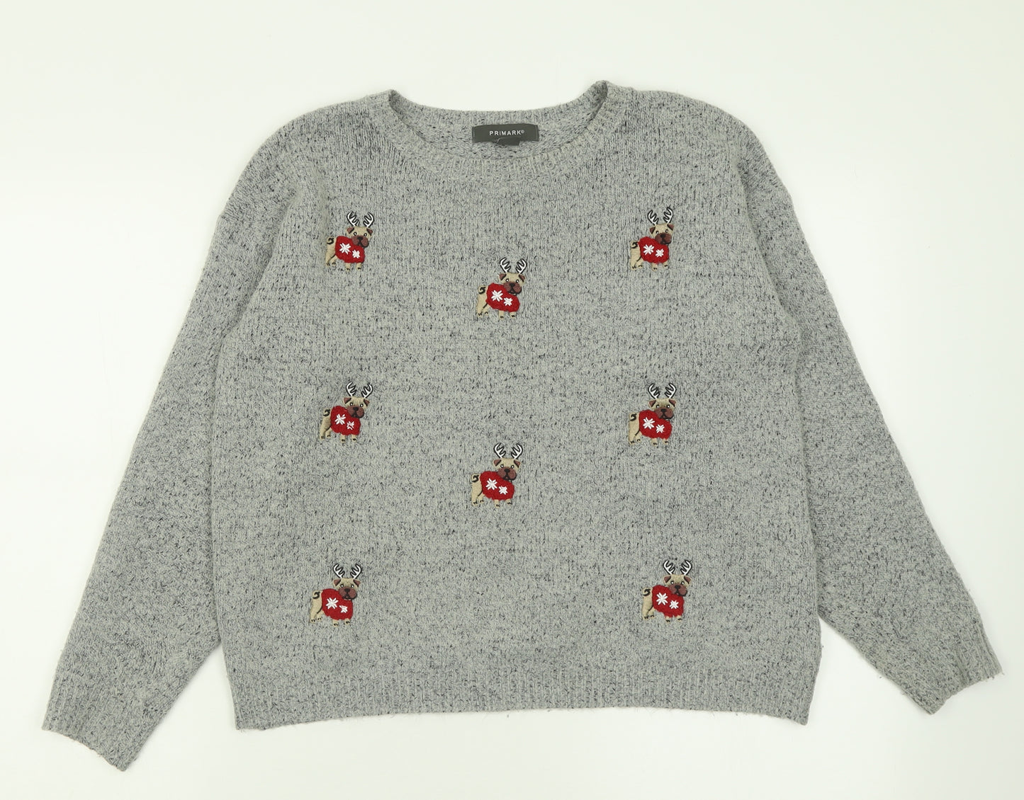 Primark Womens Grey Crew Neck Geometric Acrylic Pullover Jumper Size M   - Christmas Jumper