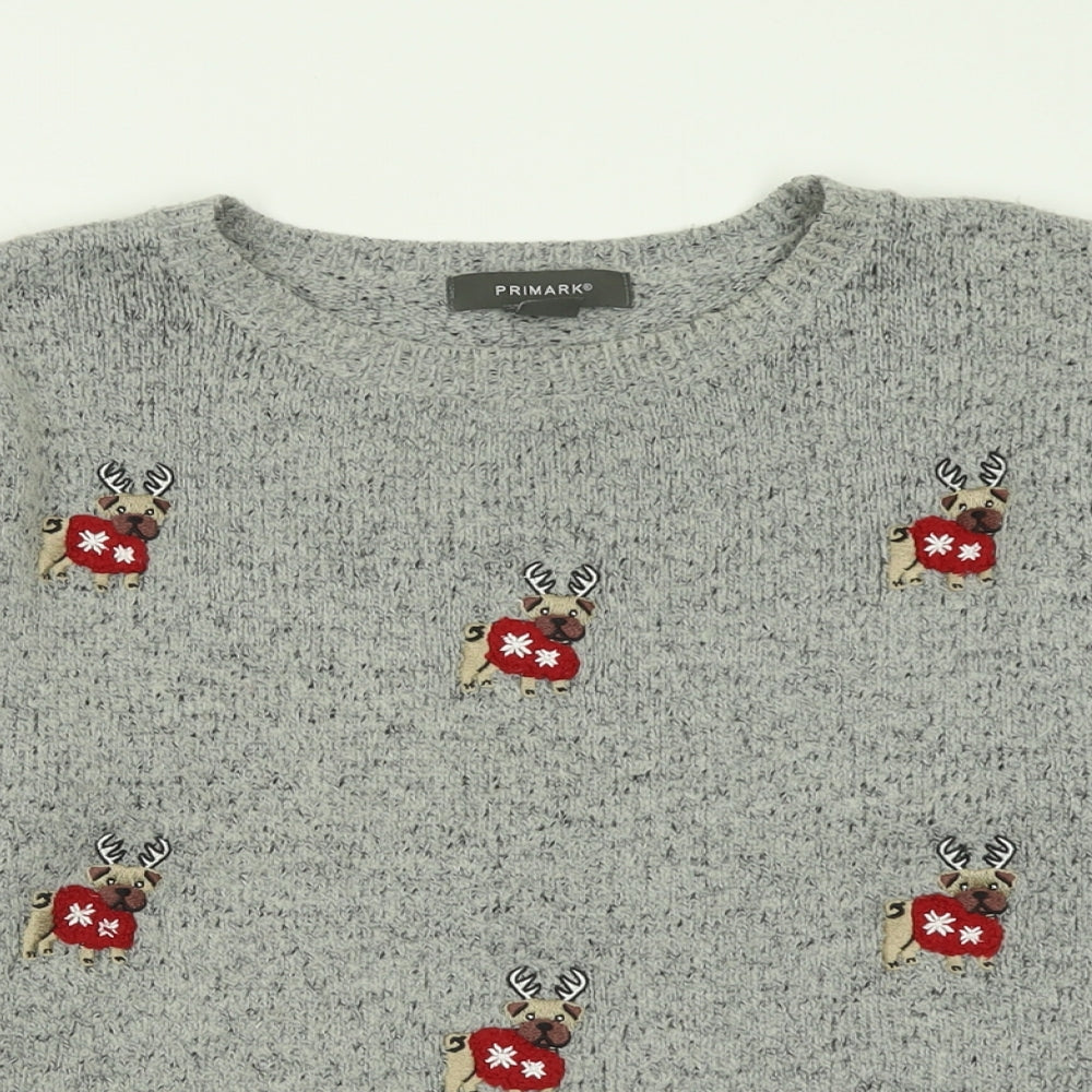 Primark Womens Grey Crew Neck Geometric Acrylic Pullover Jumper Size M   - Christmas Jumper