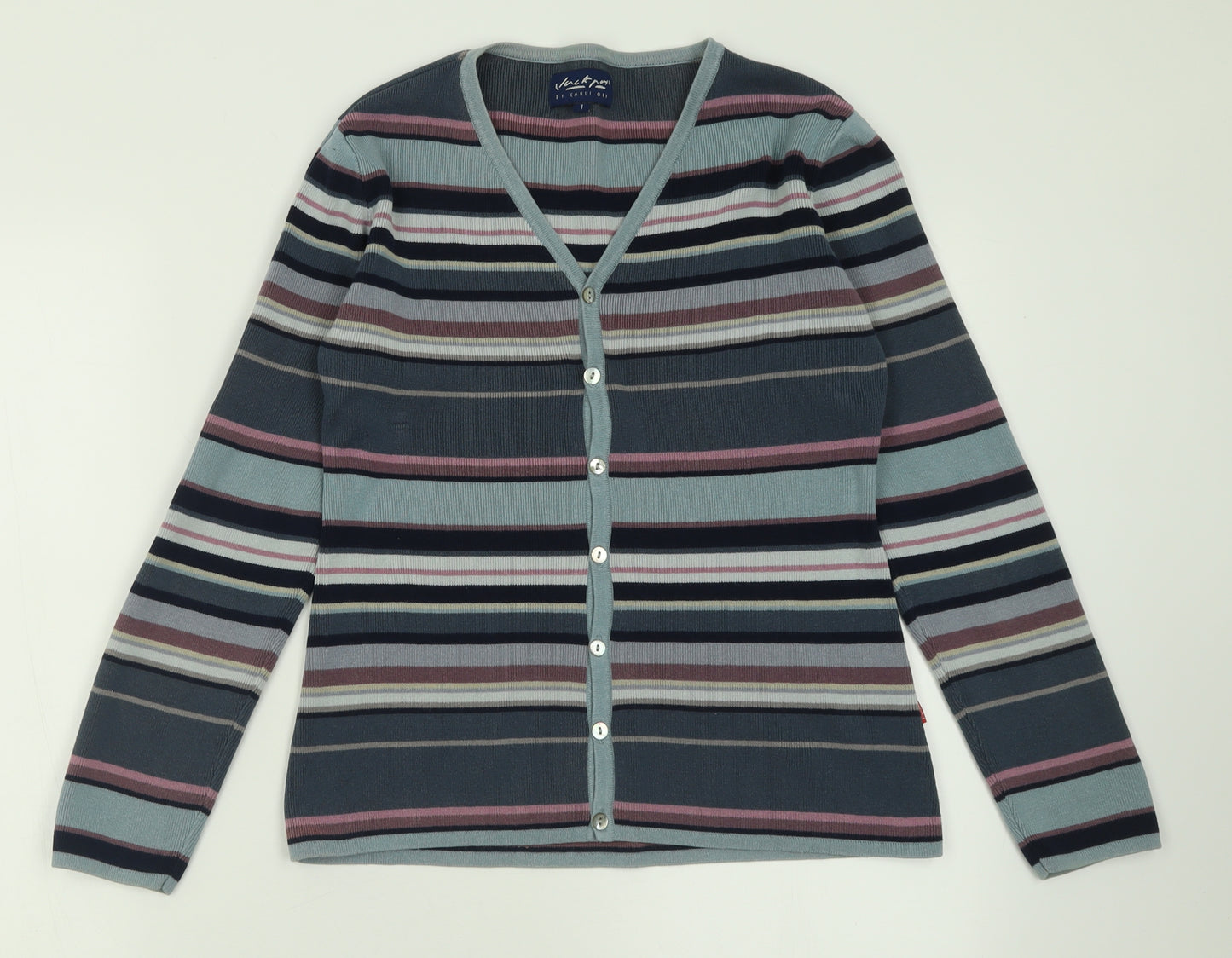 Jackpot Womens Blue V-Neck Striped Cotton Cardigan Jumper Size 10