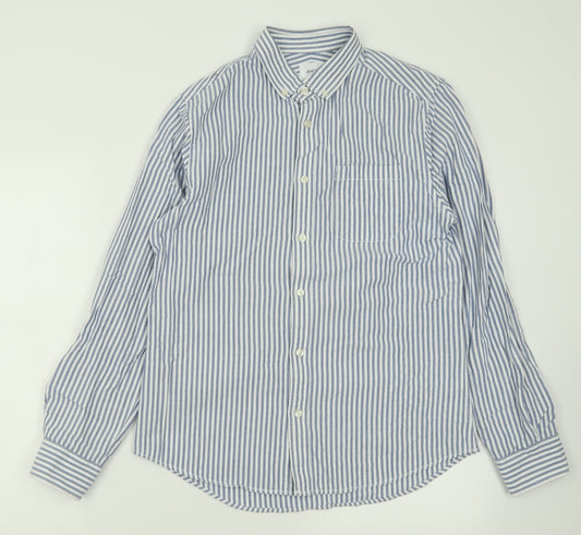 Front view of Burton men’s blue striped cotton button-up, size M, collared button