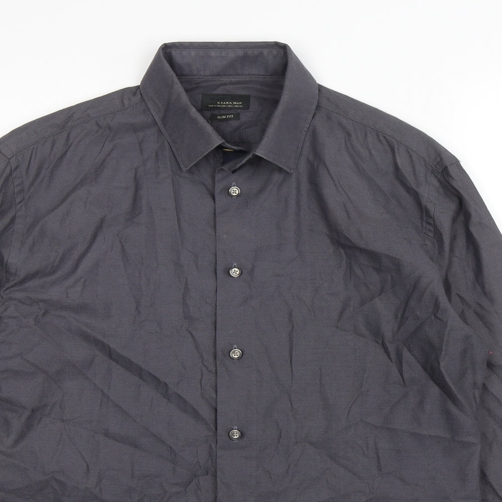 Zara Mens Green  Cotton  Dress Shirt Size L Collared Button
