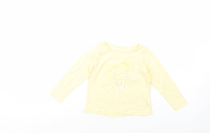 Dunnes Stores Girls Yellow Cotton Pullover T-Shirt Size 3 Years Crew Neck Pullover - Flower Detail
