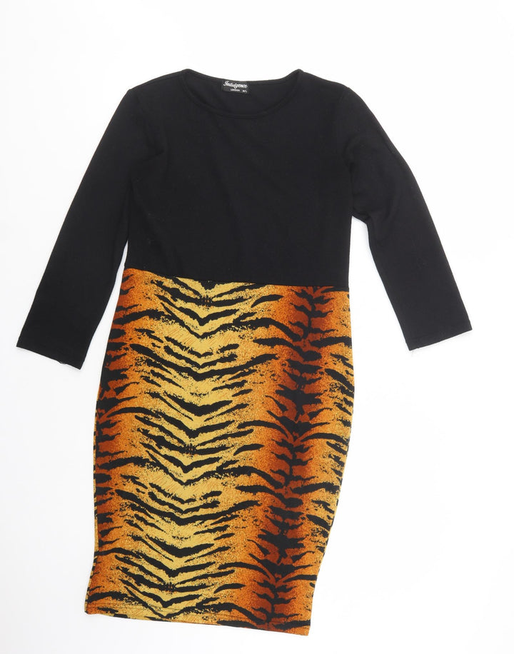 Indulgence Womens Black Animal Print Wool Bodycon Size M Crew Neck Pullover