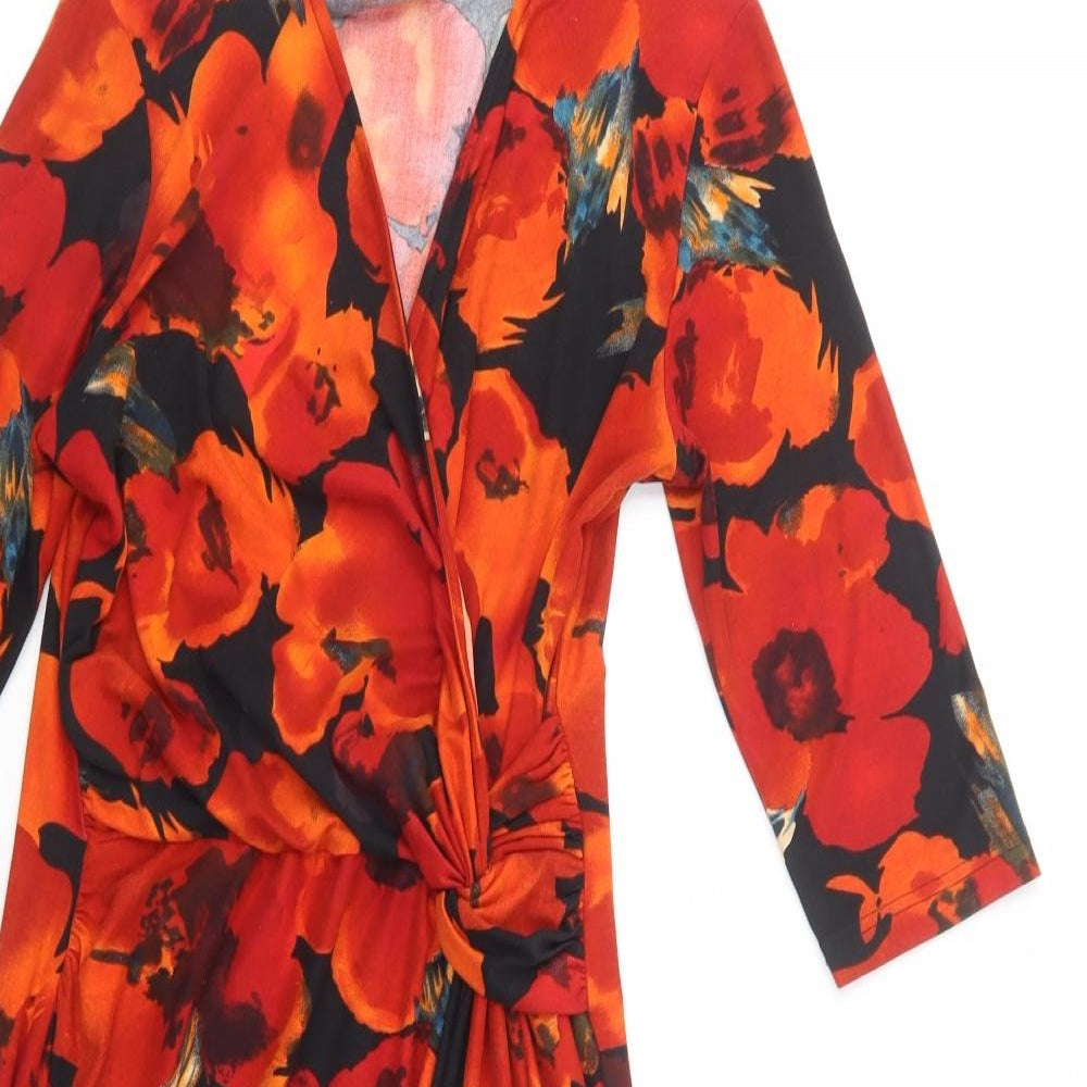 Peacocks Womens Red Floral Polyester Bodycon  Size 14  V-Neck Pullover