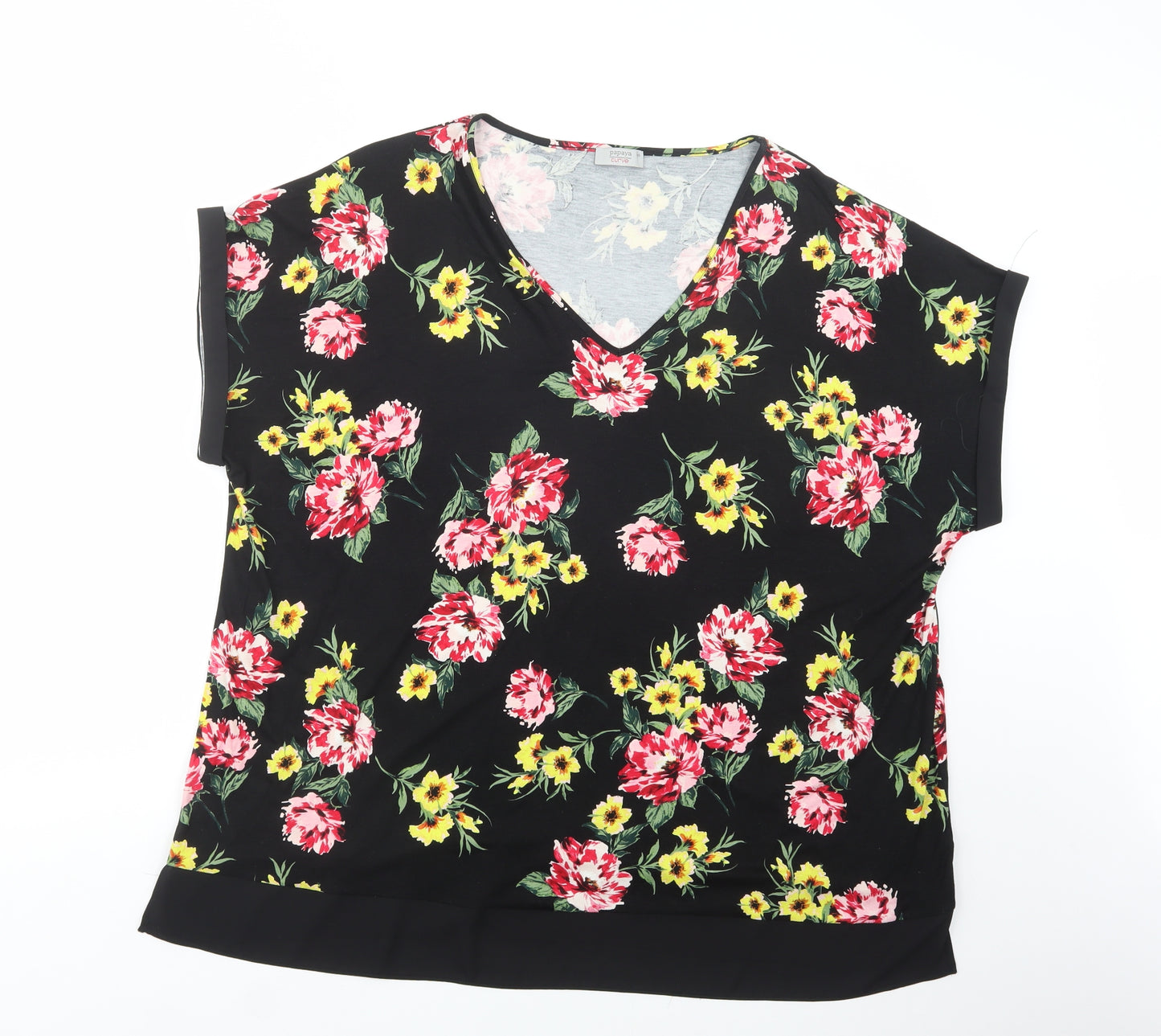 Papaya Womens Black Floral Viscose Basic Blouse Size 26 V-Neck
