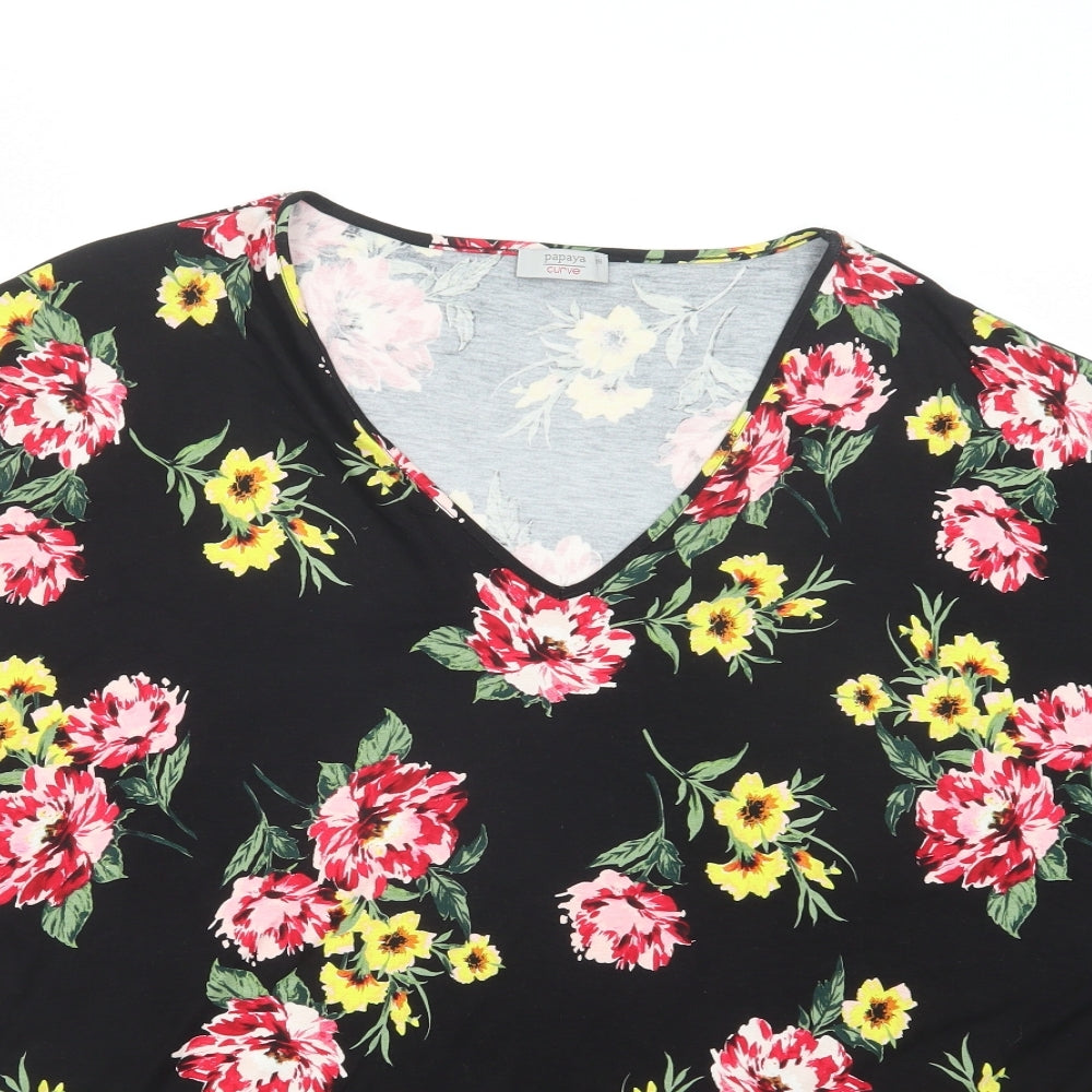 Papaya Womens Black Floral Viscose Basic Blouse Size 26 V-Neck