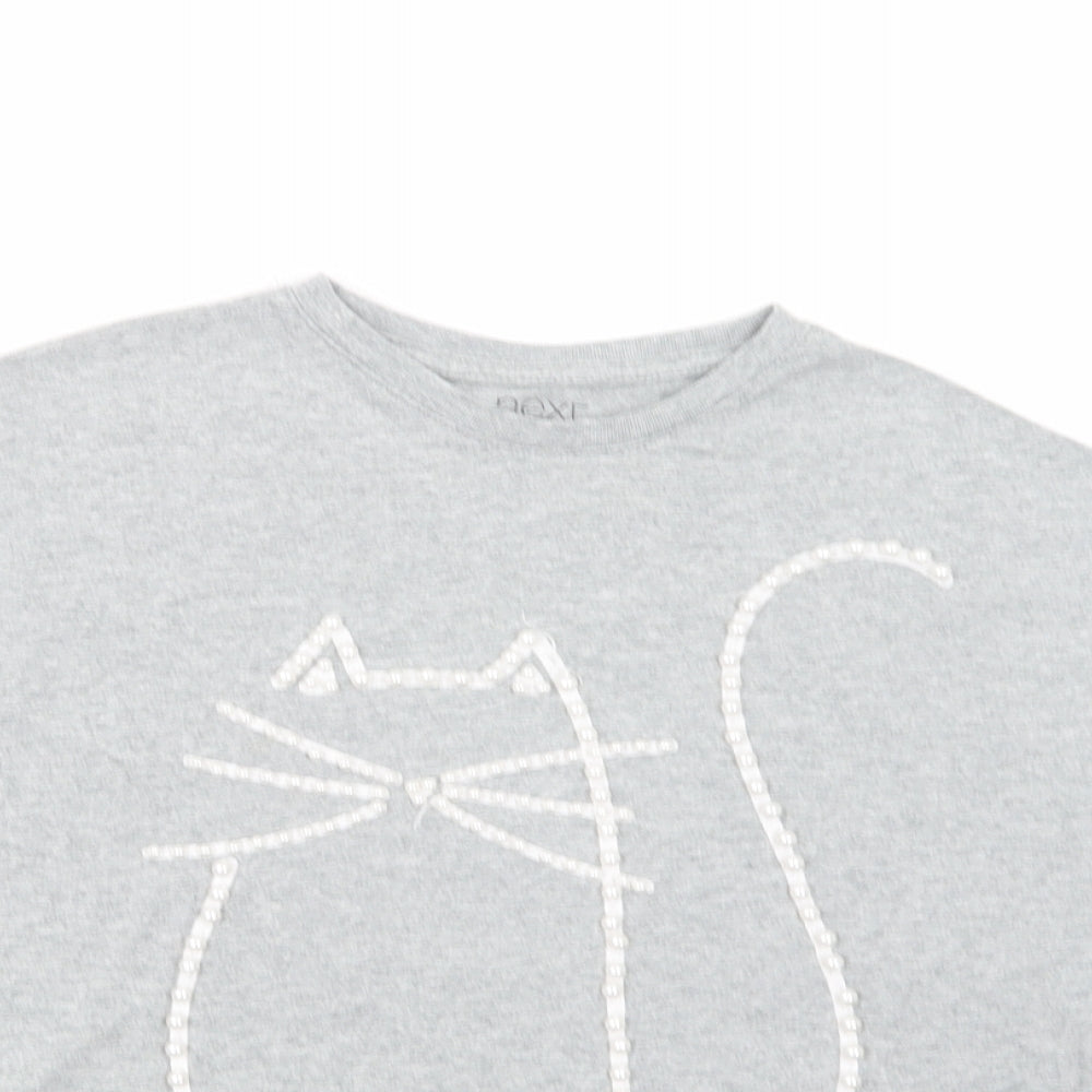 NEXT Girls Grey  Cotton Pullover T-Shirt Size 9 Years Crew Neck Pullover - Cat