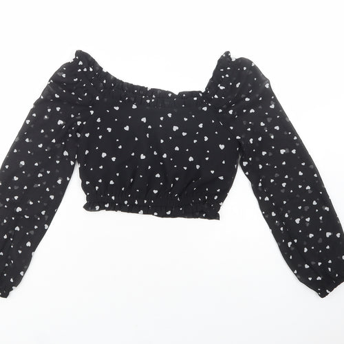 New Look Girls Black Polka Dot Polyester Pullover Blouse Size 10 Years Square Neck Pullover