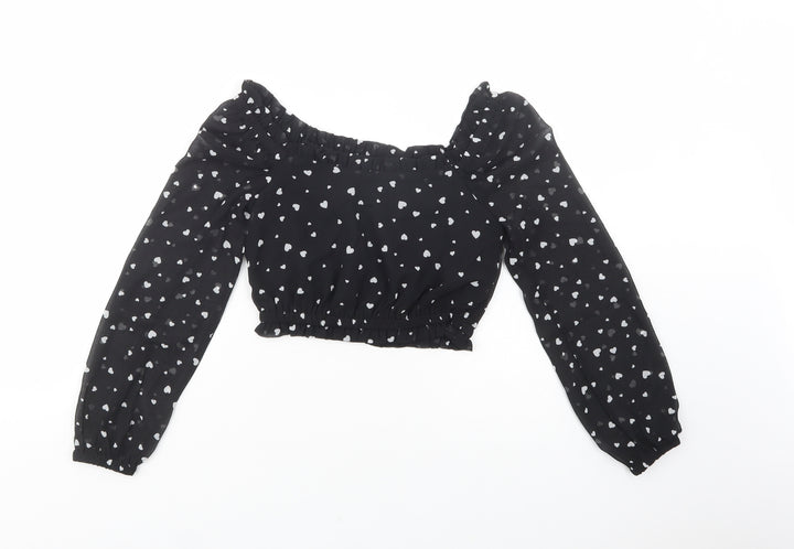 New Look Girls Black Polka Dot Polyester Pullover Blouse Size 10 Years Square Neck Pullover