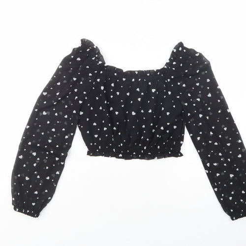 New Look Girls Black Polka Dot Polyester Pullover Blouse Size 10 Years Square Neck Pullover