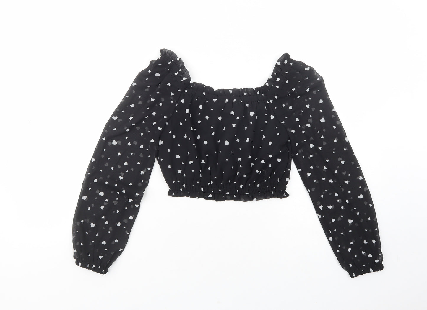 New Look Girls Black Polka Dot Polyester Pullover Blouse Size 10 Years Square Neck Pullover