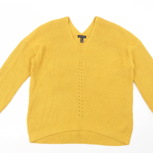 New Look Womens Yellow V-Neck  Acrylic Pullover Jumper Size L
