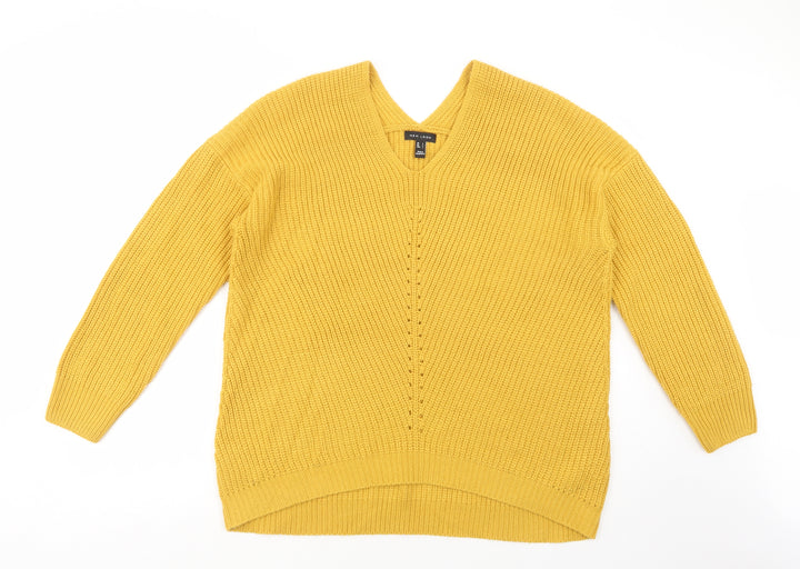 New Look Womens Yellow V-Neck  Acrylic Pullover Jumper Size L