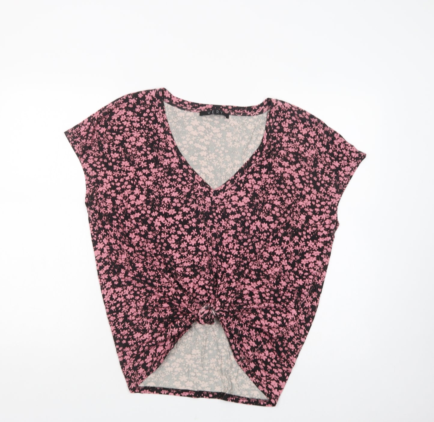 Very Womens Black Floral Viscose Basic T-Shirt Size 16 V-Neck