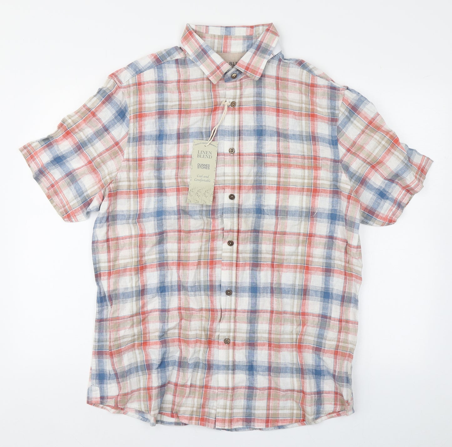 Dunnes Stores Mens Multicoloured Plaid Linen  Button-Up Size L Collared Button