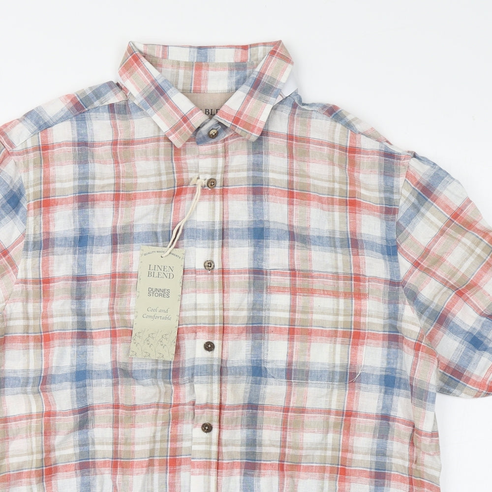 Dunnes Stores Mens Multicoloured Plaid Linen  Button-Up Size L Collared Button
