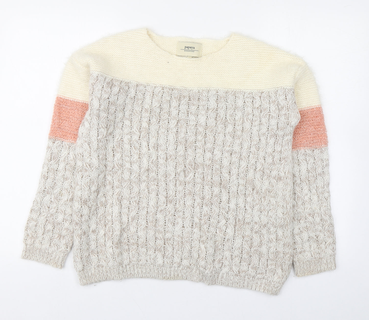 Papaya Womens Beige Round Neck  Acrylic Pullover Jumper Size S